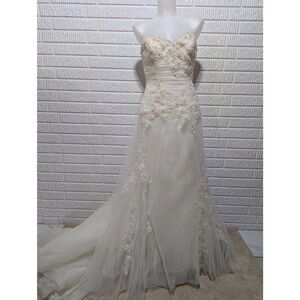 Pronovias Bridal Barcelona Spain Women's Cream Net Lace Sequin Embellished Gown